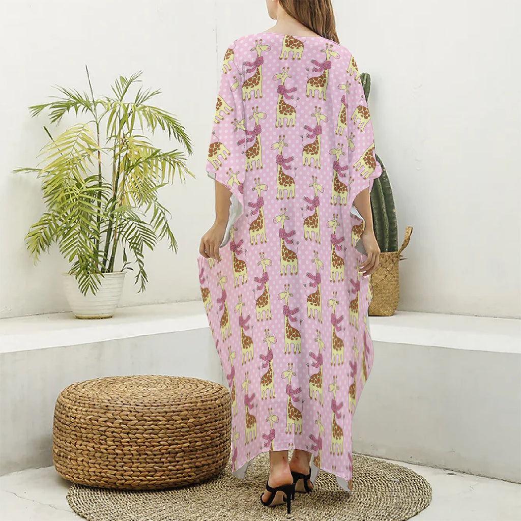Giraffe With Scarf Pattern Print Silk V-Neck Kaftan Dress