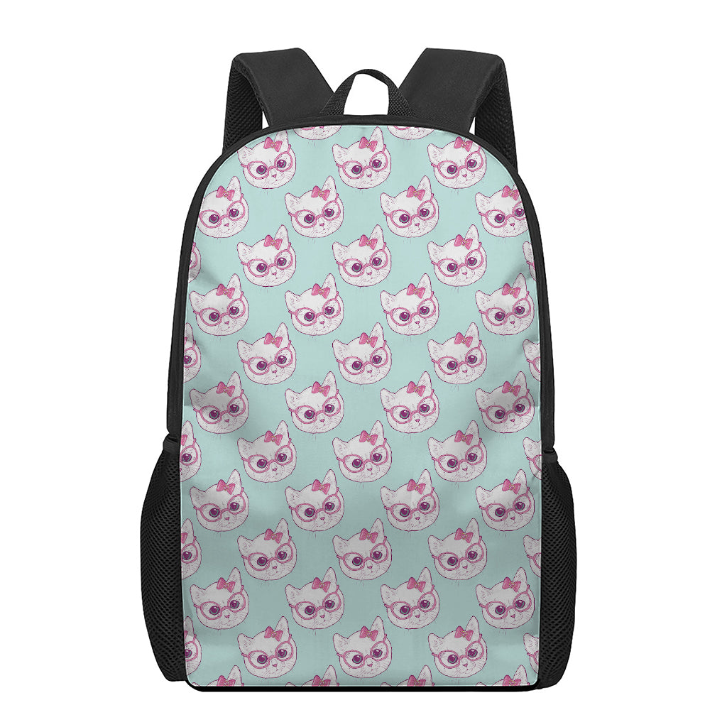 Girly Cat With Glasses Pattern Print 17 Inch Backpack