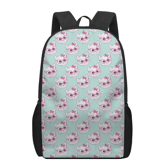 Girly Cat With Glasses Pattern Print 17 Inch Backpack