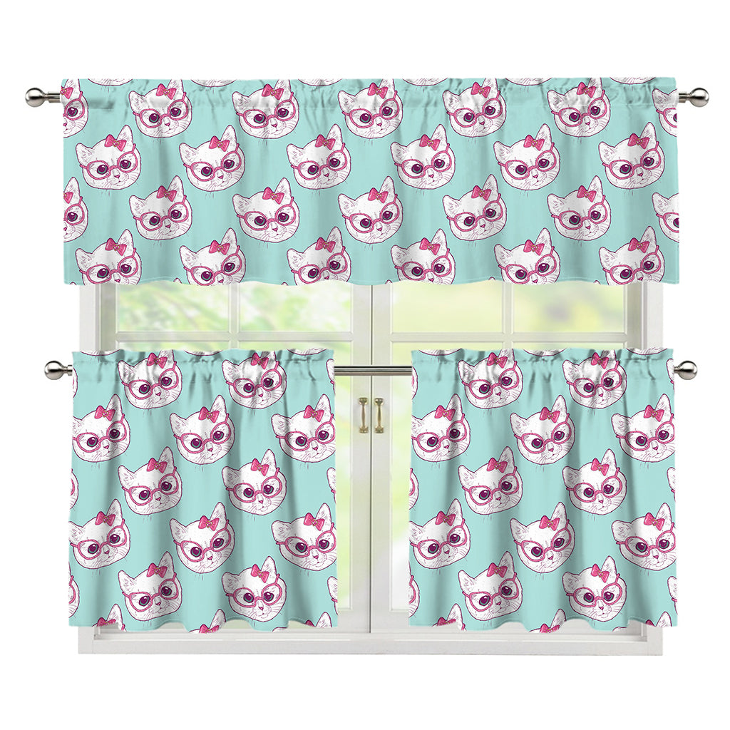 Girly Cat With Glasses Pattern Print 3 Piece Kitchen Curtains