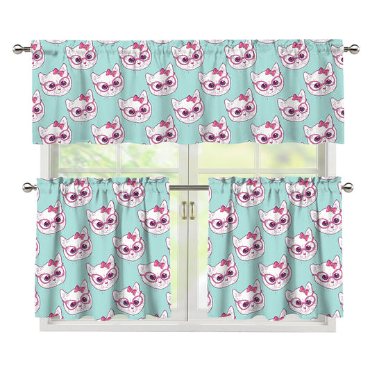 Girly Cat With Glasses Pattern Print 3 Piece Kitchen Curtains