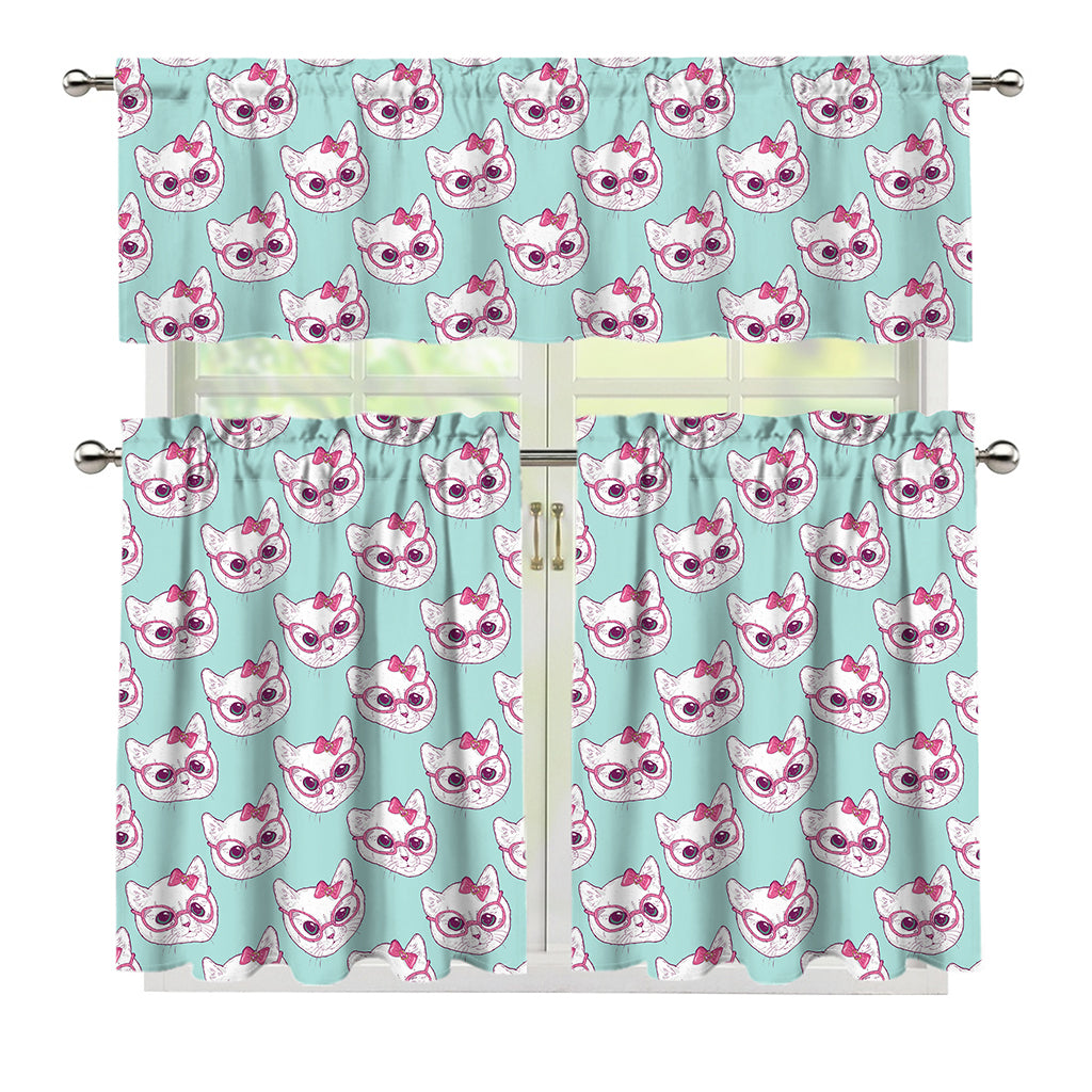 Girly Cat With Glasses Pattern Print 3 Piece Kitchen Curtains