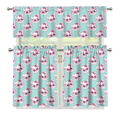 Girly Cat With Glasses Pattern Print 3 Piece Kitchen Curtains