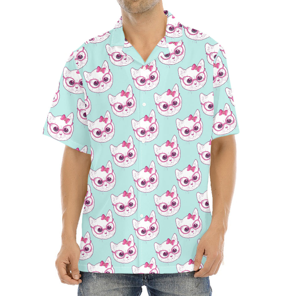 Girly Cat With Glasses Pattern Print Aloha Shirt