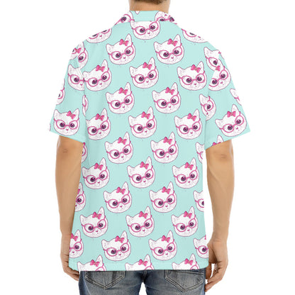 Girly Cat With Glasses Pattern Print Aloha Shirt