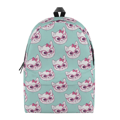 Girly Cat With Glasses Pattern Print Backpack