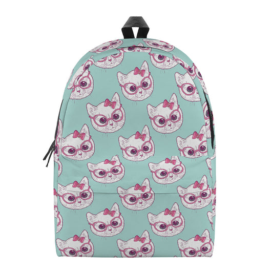 Girly Cat With Glasses Pattern Print Backpack