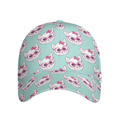 Girly Cat With Glasses Pattern Print Baseball Cap