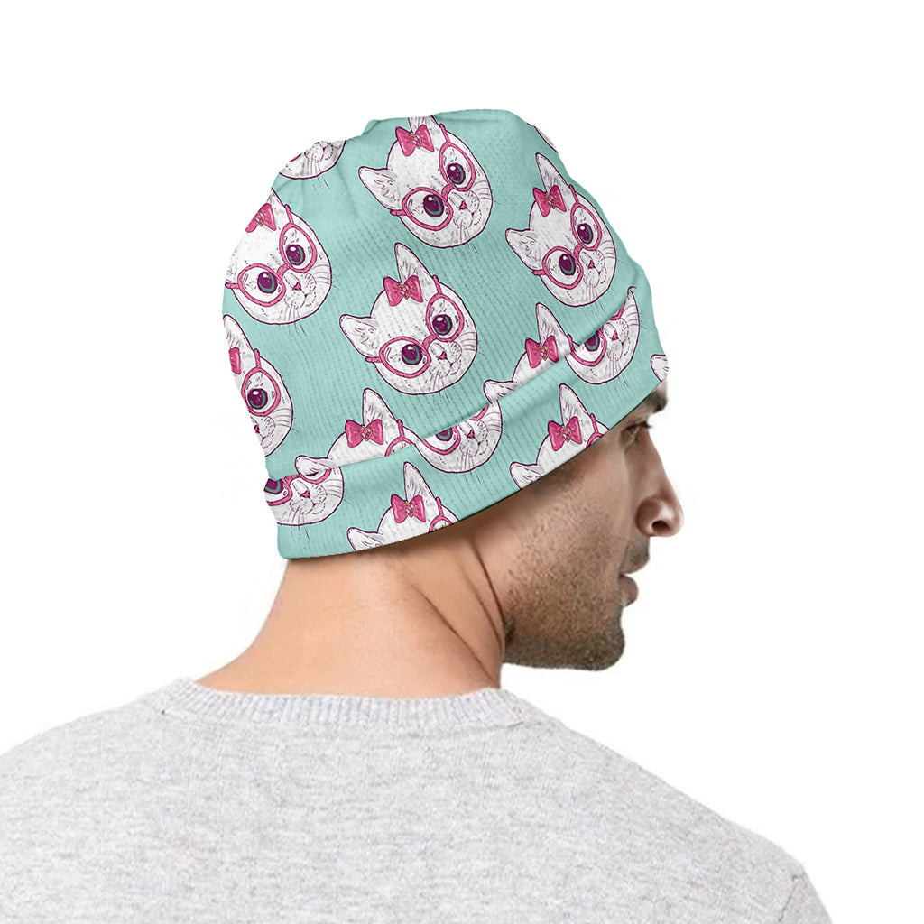 Girly Cat With Glasses Pattern Print Beanie