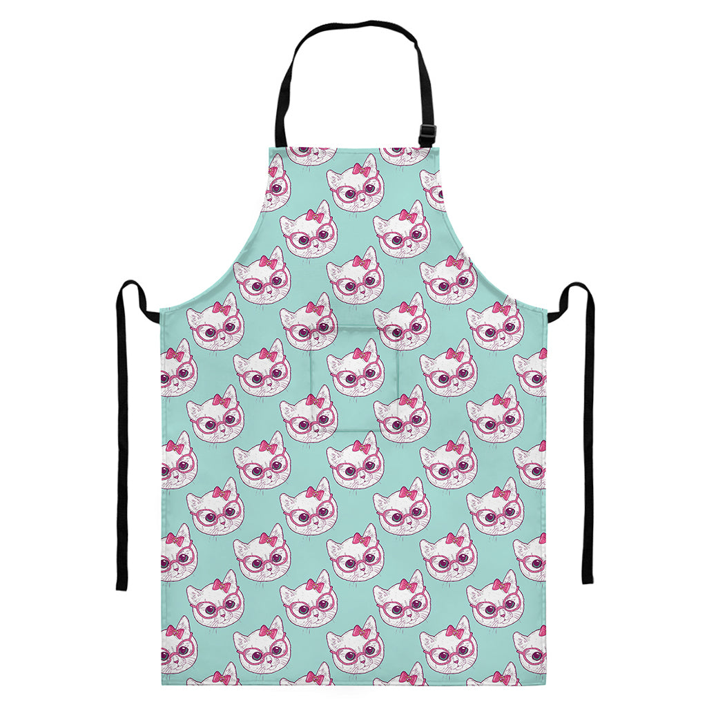 Girly Cat With Glasses Pattern Print Bib Apron With Pocket
