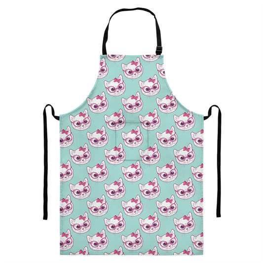 Girly Cat With Glasses Pattern Print Bib Apron With Pocket