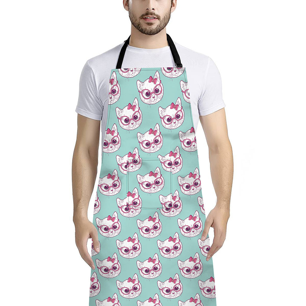 Girly Cat With Glasses Pattern Print Bib Apron With Pocket