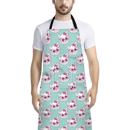 Girly Cat With Glasses Pattern Print Bib Apron With Pocket