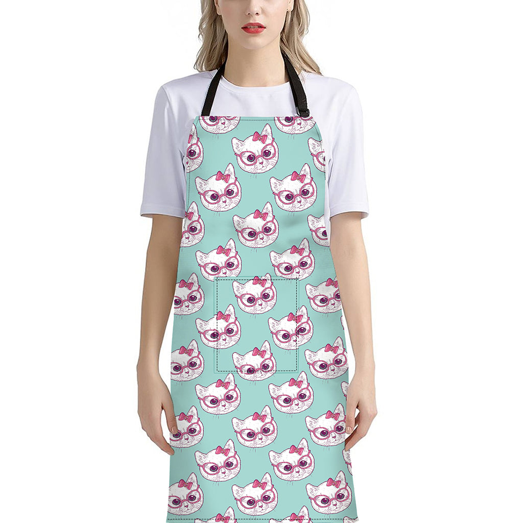 Girly Cat With Glasses Pattern Print Bib Apron With Pocket