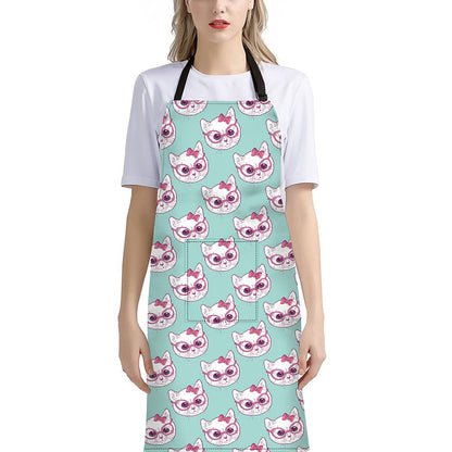Girly Cat With Glasses Pattern Print Bib Apron With Pocket