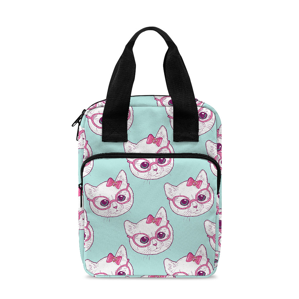 Girly Cat With Glasses Pattern Print Bible Tote Bag