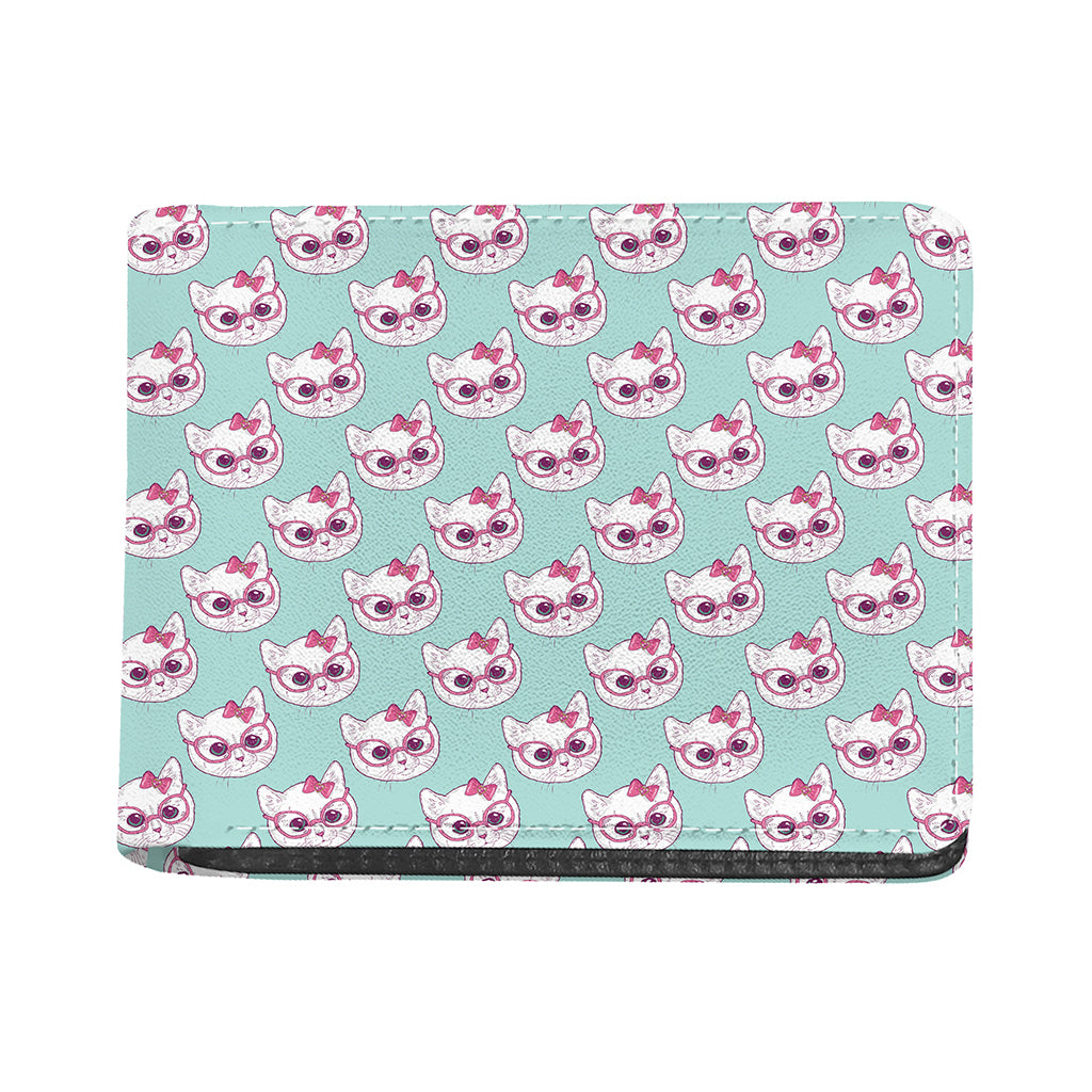 Girly Cat With Glasses Pattern Print Bifold Wallet
