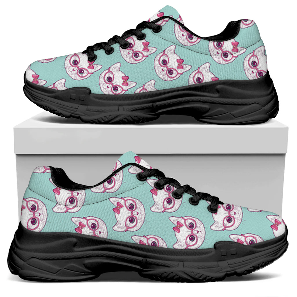 Girly Cat With Glasses Pattern Print Black Chunky Shoes