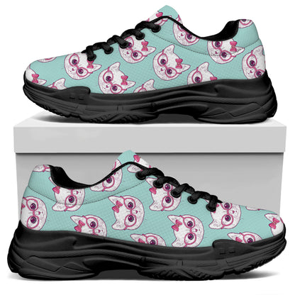 Girly Cat With Glasses Pattern Print Black Chunky Shoes