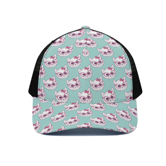 Girly Cat With Glasses Pattern Print Black Mesh Trucker Cap