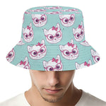 Girly Cat With Glasses Pattern Print Bucket Hat