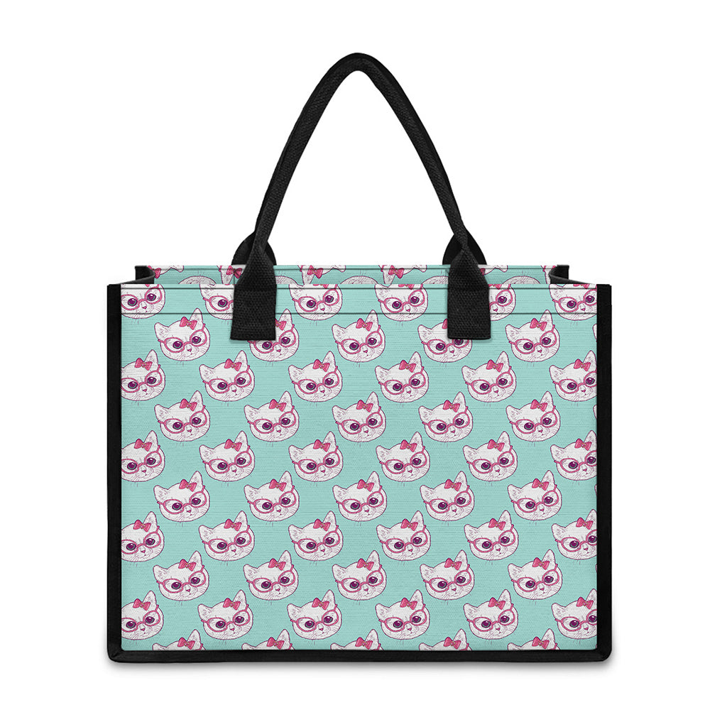 Girly Cat With Glasses Pattern Print Canvas Tote Bag