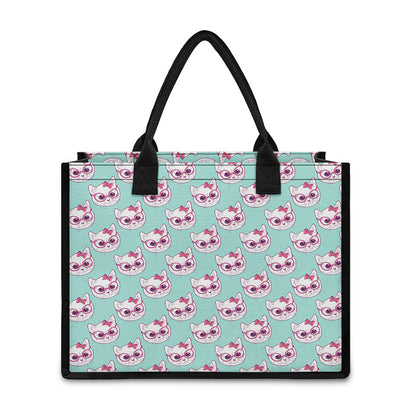 Girly Cat With Glasses Pattern Print Canvas Tote Bag