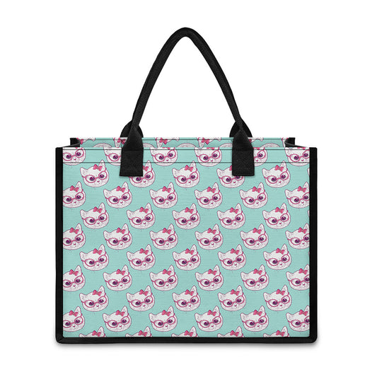 Girly Cat With Glasses Pattern Print Canvas Tote Bag