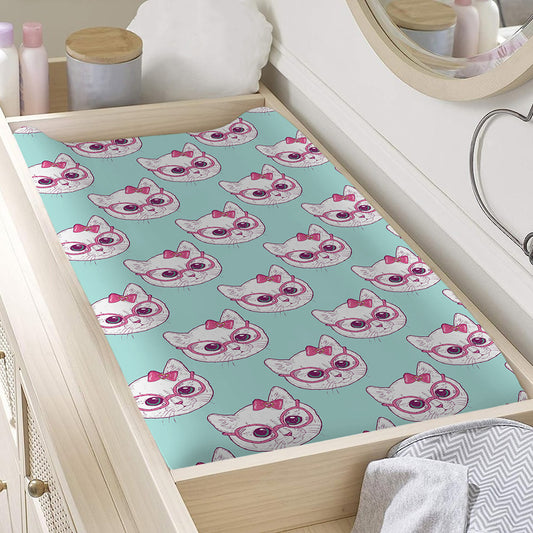 Girly Cat With Glasses Pattern Print Changing Pad Cover