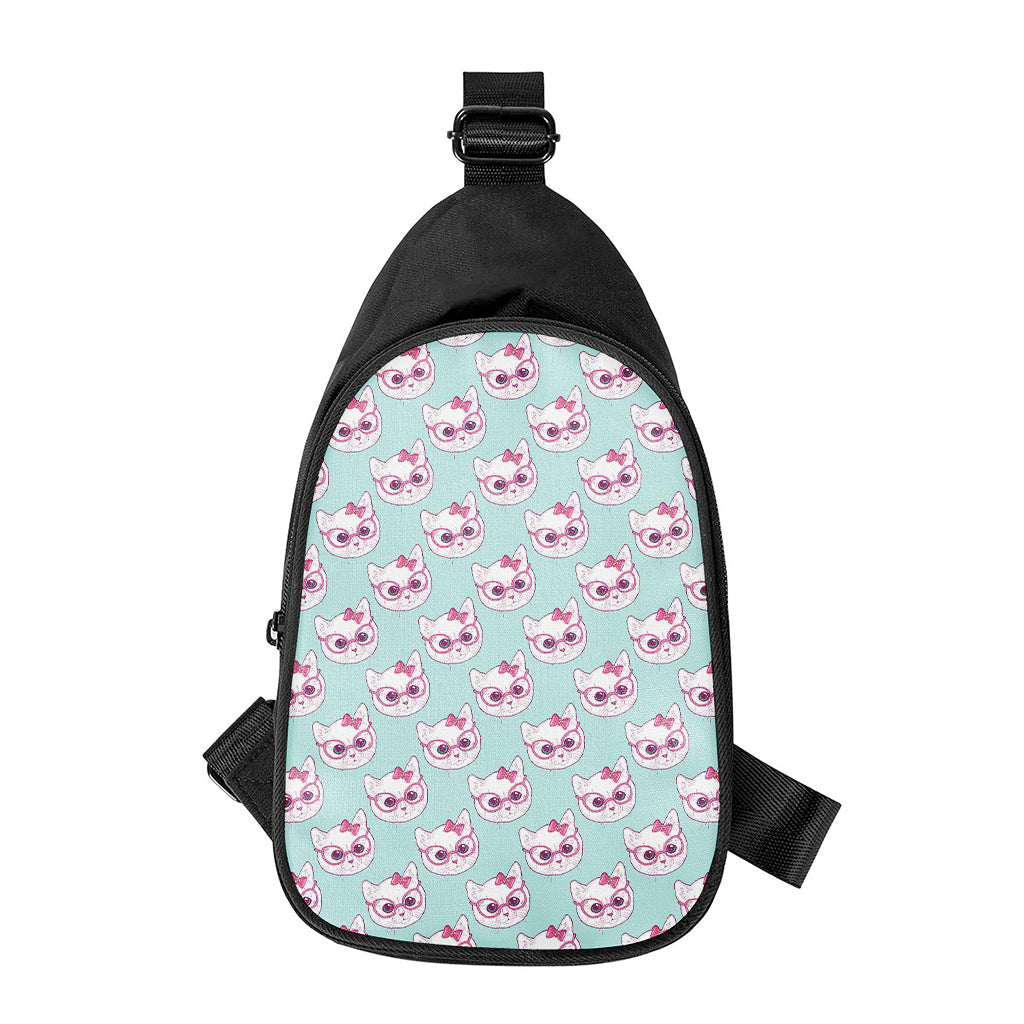 Girly Cat With Glasses Pattern Print Chest Bag