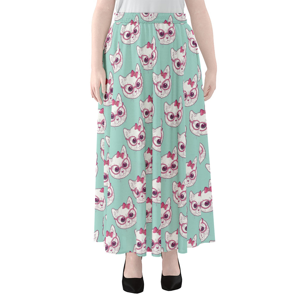 Girly Cat With Glasses Pattern Print Chiffon Maxi Skirt