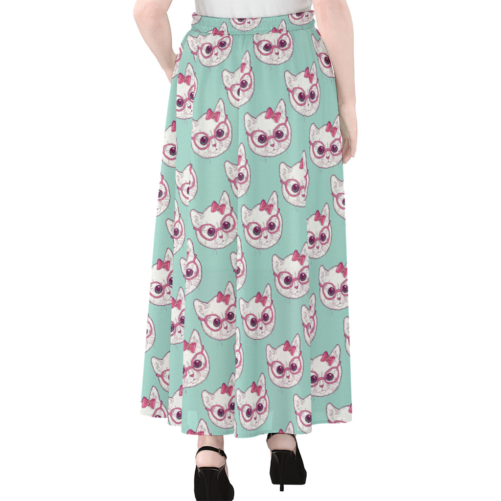 Girly Cat With Glasses Pattern Print Chiffon Maxi Skirt