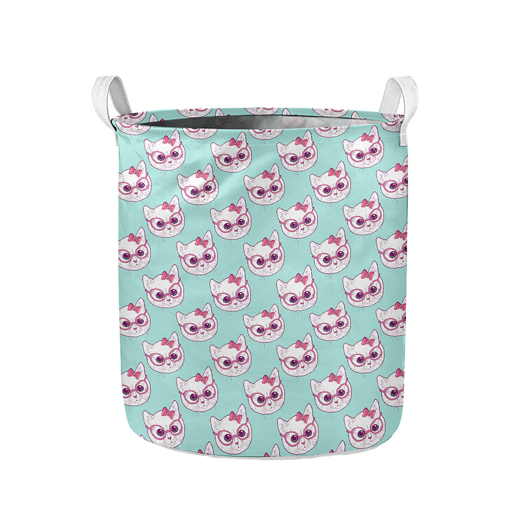 Girly Cat With Glasses Pattern Print Collapsible Laundry Basket