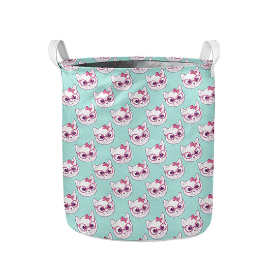 Girly Cat With Glasses Pattern Print Collapsible Laundry Basket