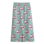 Girly Cat With Glasses Pattern Print Cotton Front Slit Maxi Skirt