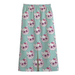 Girly Cat With Glasses Pattern Print Cotton Front Slit Maxi Skirt