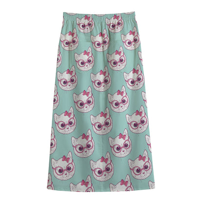 Girly Cat With Glasses Pattern Print Cotton Front Slit Maxi Skirt