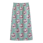 Girly Cat With Glasses Pattern Print Cotton Front Slit Maxi Skirt