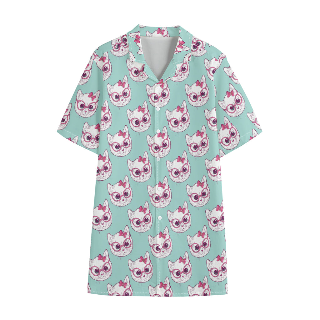 Girly Cat With Glasses Pattern Print Cotton Hawaiian Shirt