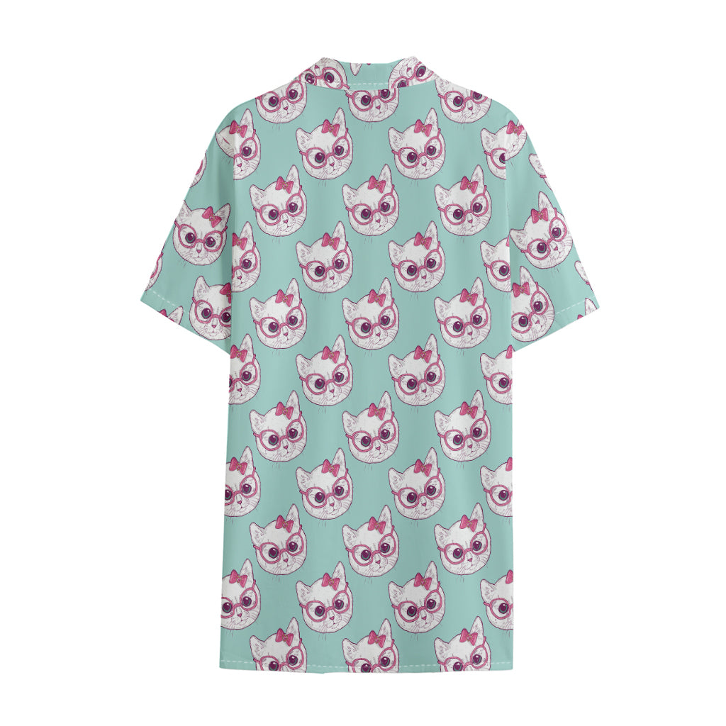 Girly Cat With Glasses Pattern Print Cotton Hawaiian Shirt