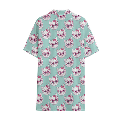 Girly Cat With Glasses Pattern Print Cotton Hawaiian Shirt
