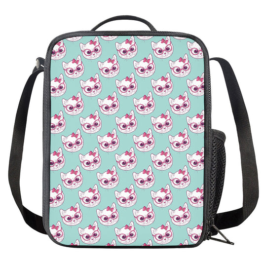 Girly Cat With Glasses Pattern Print Crossbody Lunch Bag
