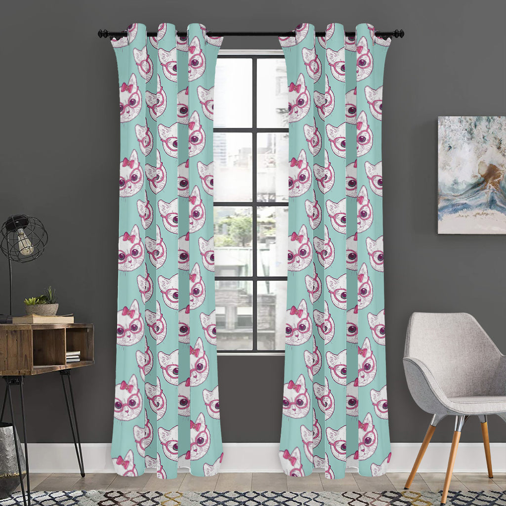 Girly Cat With Glasses Pattern Print Curtain