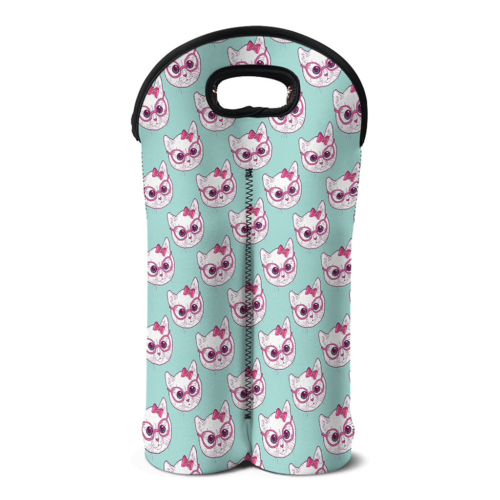 Girly Cat With Glasses Pattern Print Double Neoprene Wine Tote
