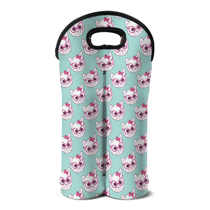 Girly Cat With Glasses Pattern Print Double Neoprene Wine Tote