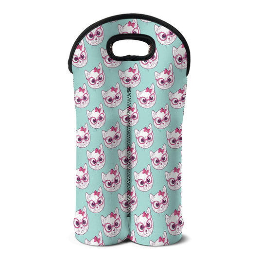 Girly Cat With Glasses Pattern Print Double Neoprene Wine Tote