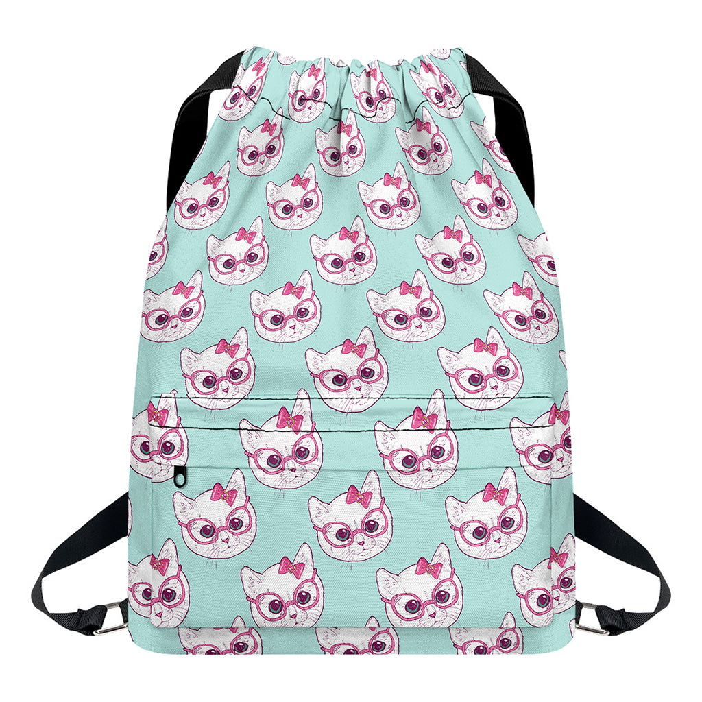 Girly Cat With Glasses Pattern Print Drawstring Backpack