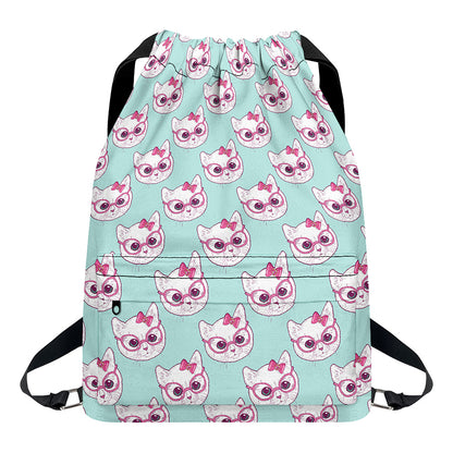 Girly Cat With Glasses Pattern Print Drawstring Backpack