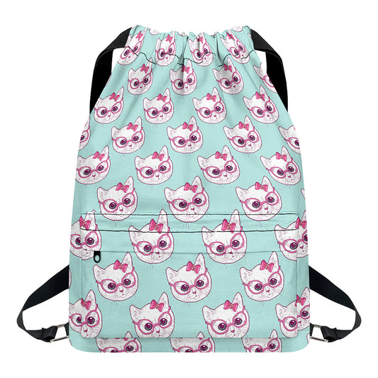 Girly Cat With Glasses Pattern Print Drawstring Backpack