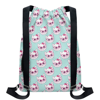 Girly Cat With Glasses Pattern Print Drawstring Backpack